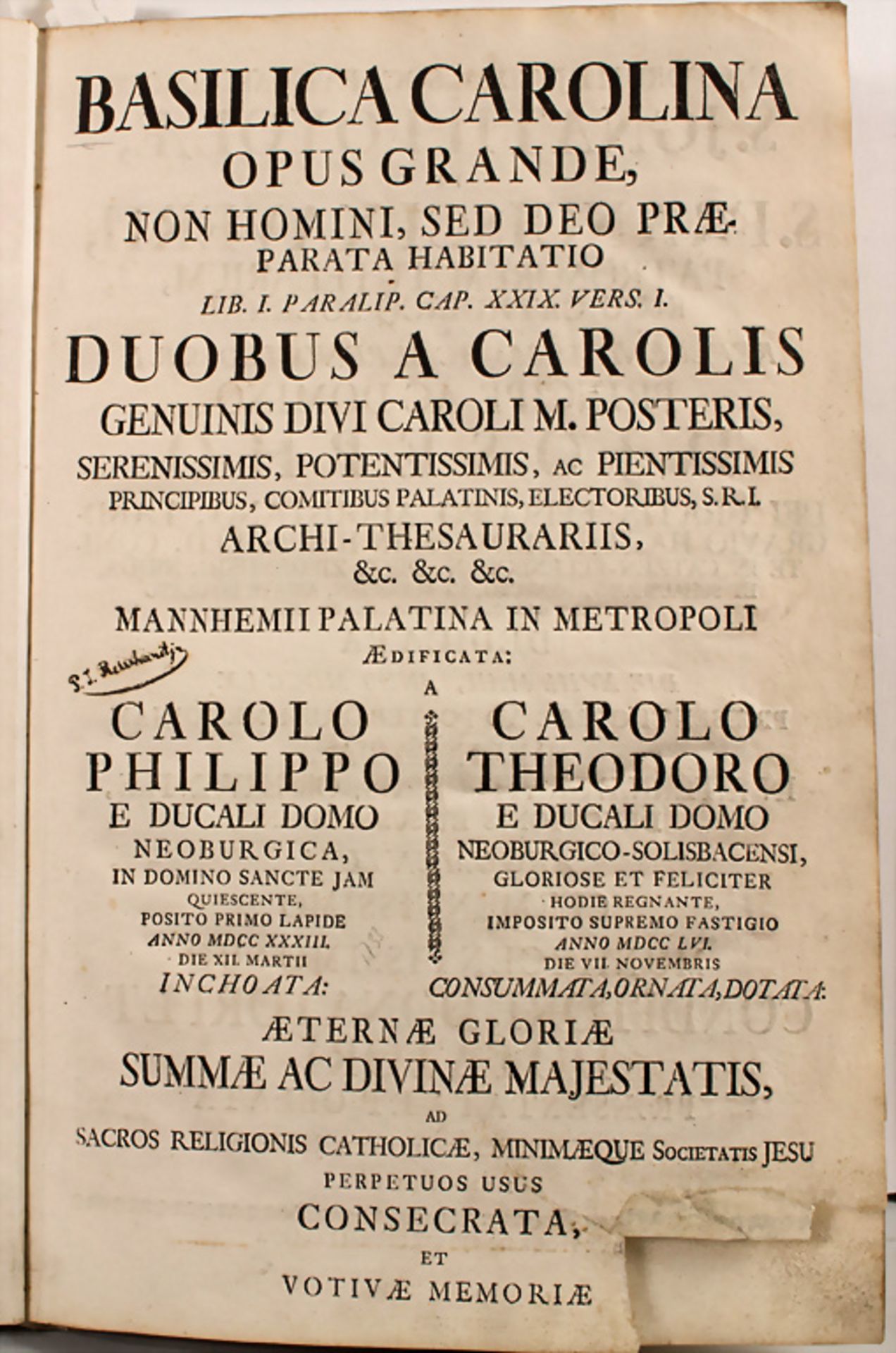 'BASILICA CAROLINA' Festschrift Mannheimer Jeusitenkirche / 'BASILICA CAROLINA', um 1753