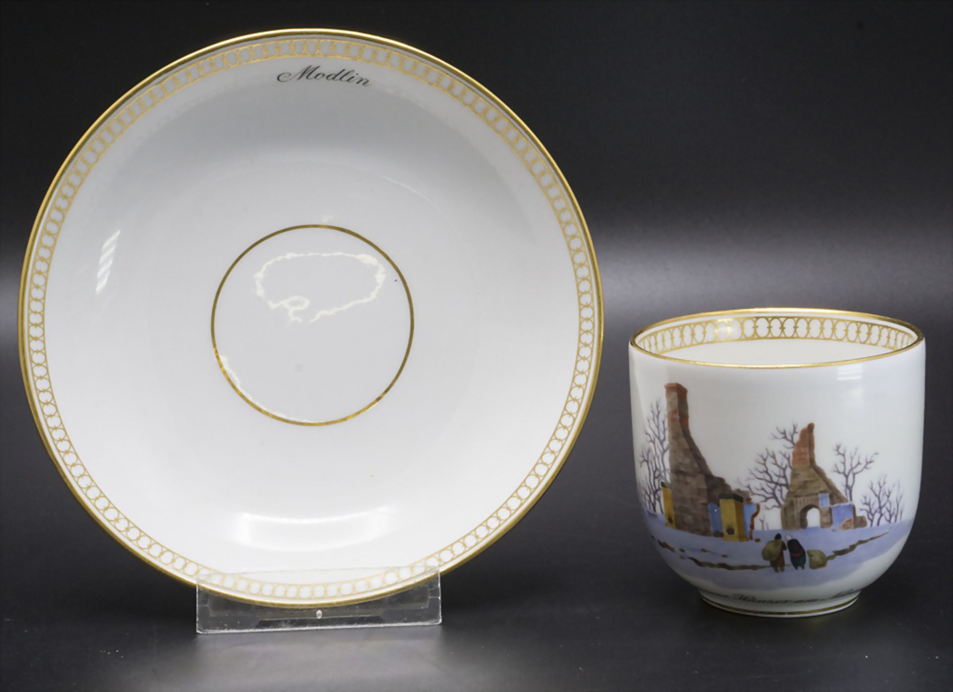 Schlacht um Modlin Gedächtnis-Tasse und UT / A memorial cup and saucer, Meissen, Ende 19. Jh.