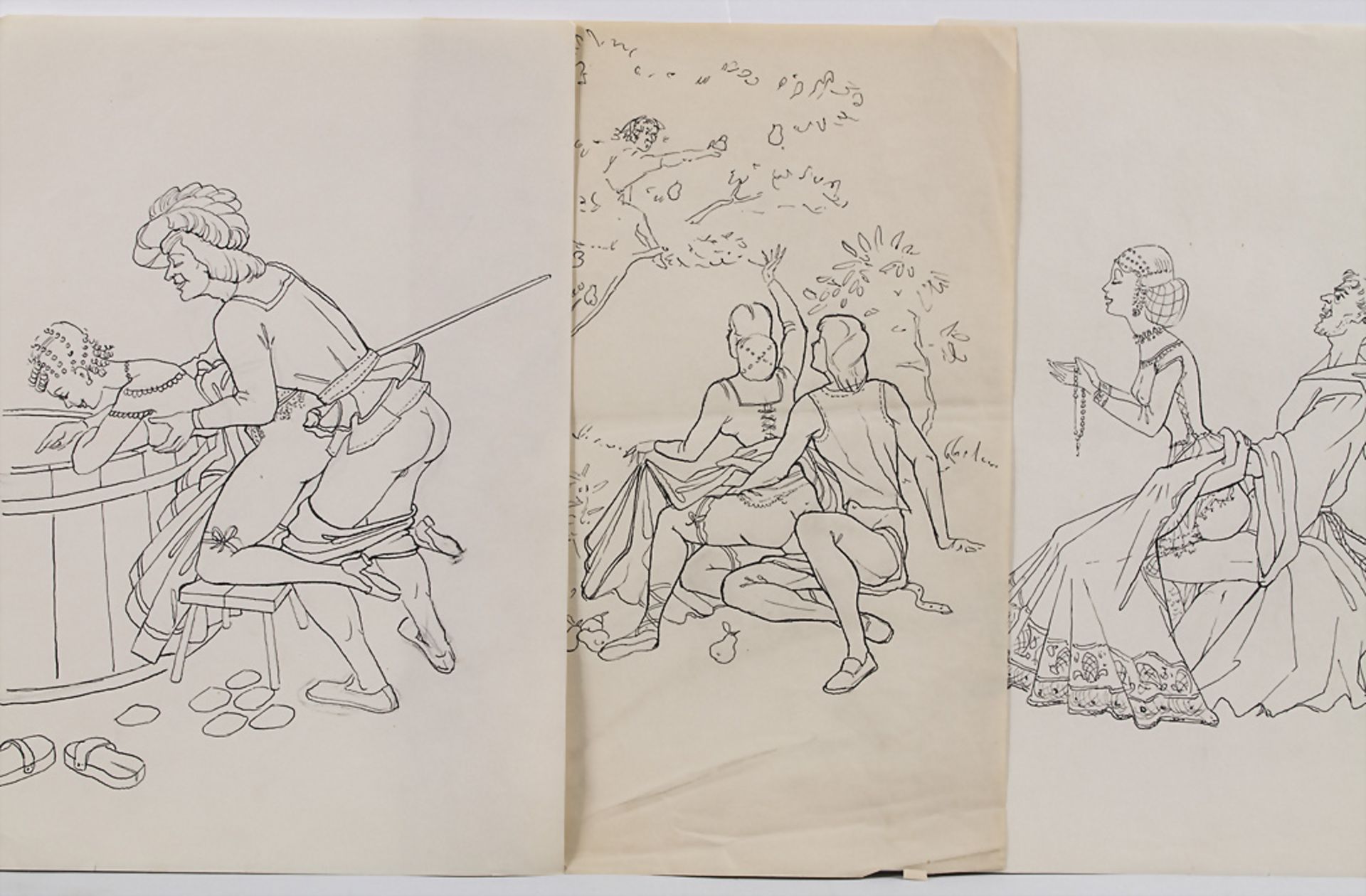 Hardy Schneider-Sato (1919-2002), Drei erotische Zeichnungen mit höfischen Motiven