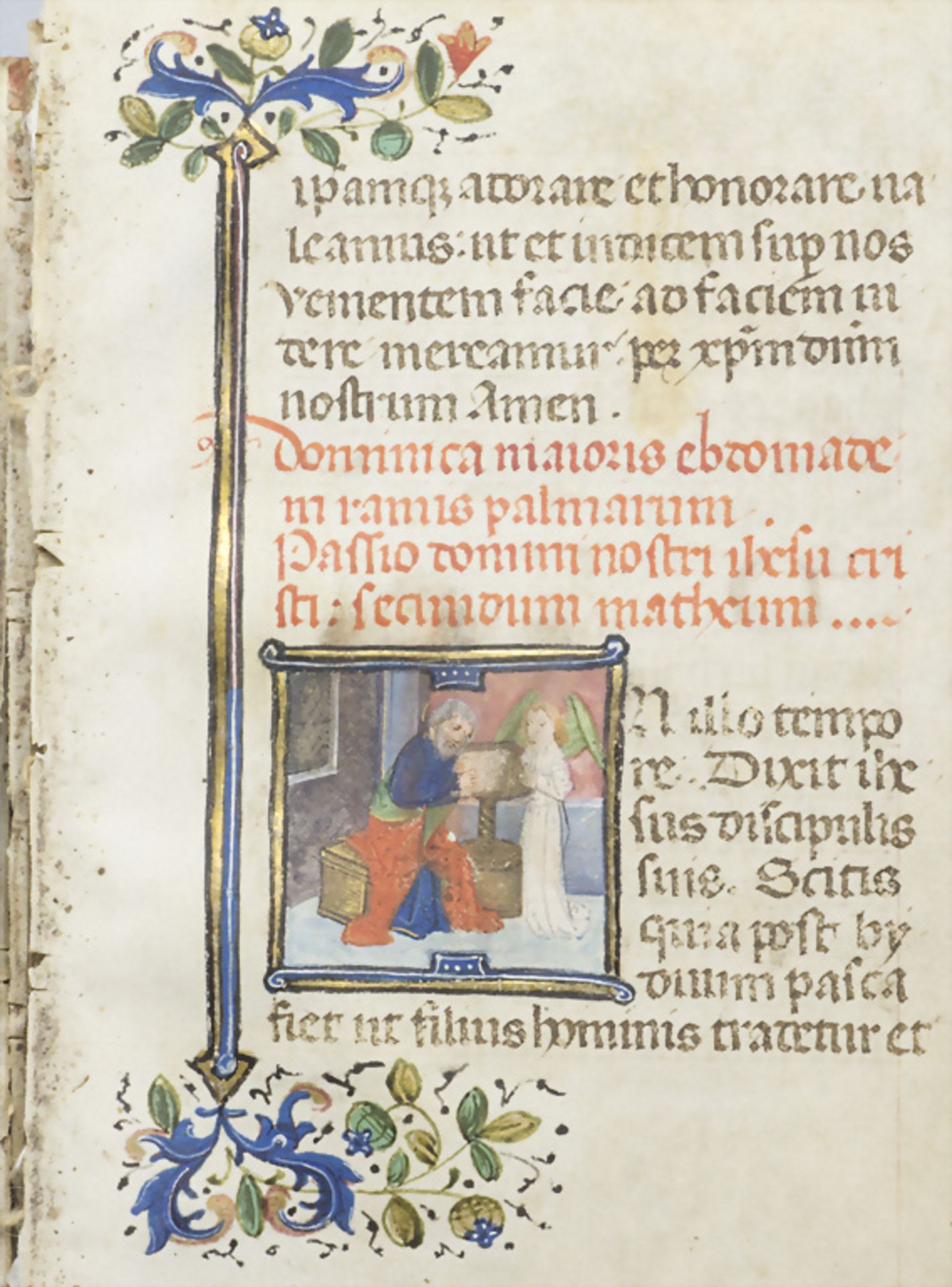 Stundenbuchblätter mit Buchmalerei aus mittelalterlichem Codex / Sheets of a book of hours ...