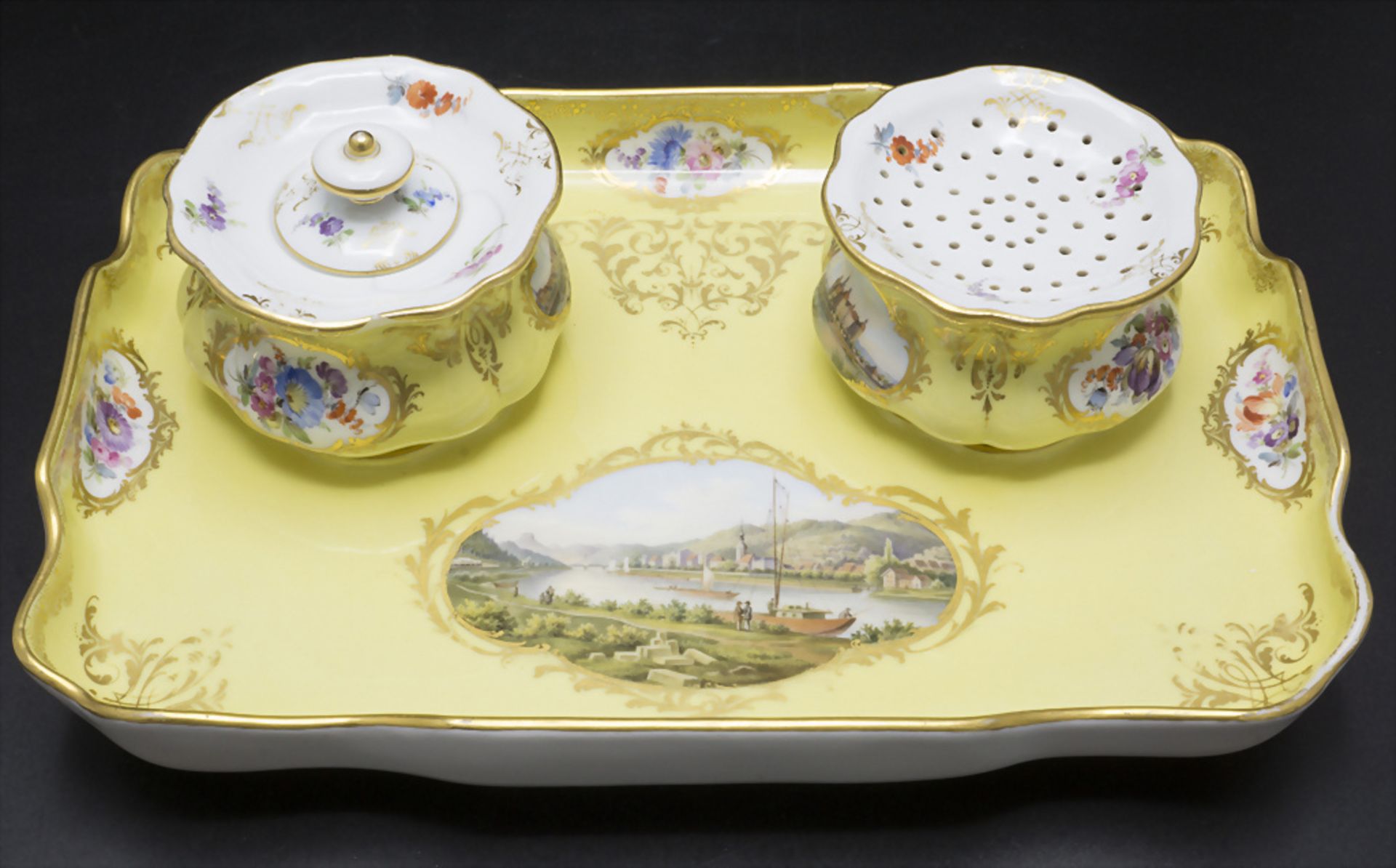 Schreibtischset / Schreibzeug mit Ansichten / A writing set with panoramic views, Meissen, um 1860