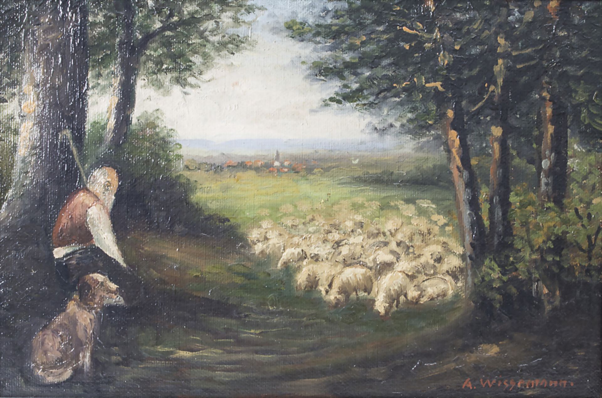 A. Wissermann, 'Betagter Hirte mit Hund und Herde' / 'An old shepherd with dog and sheeps', 20. Jh.