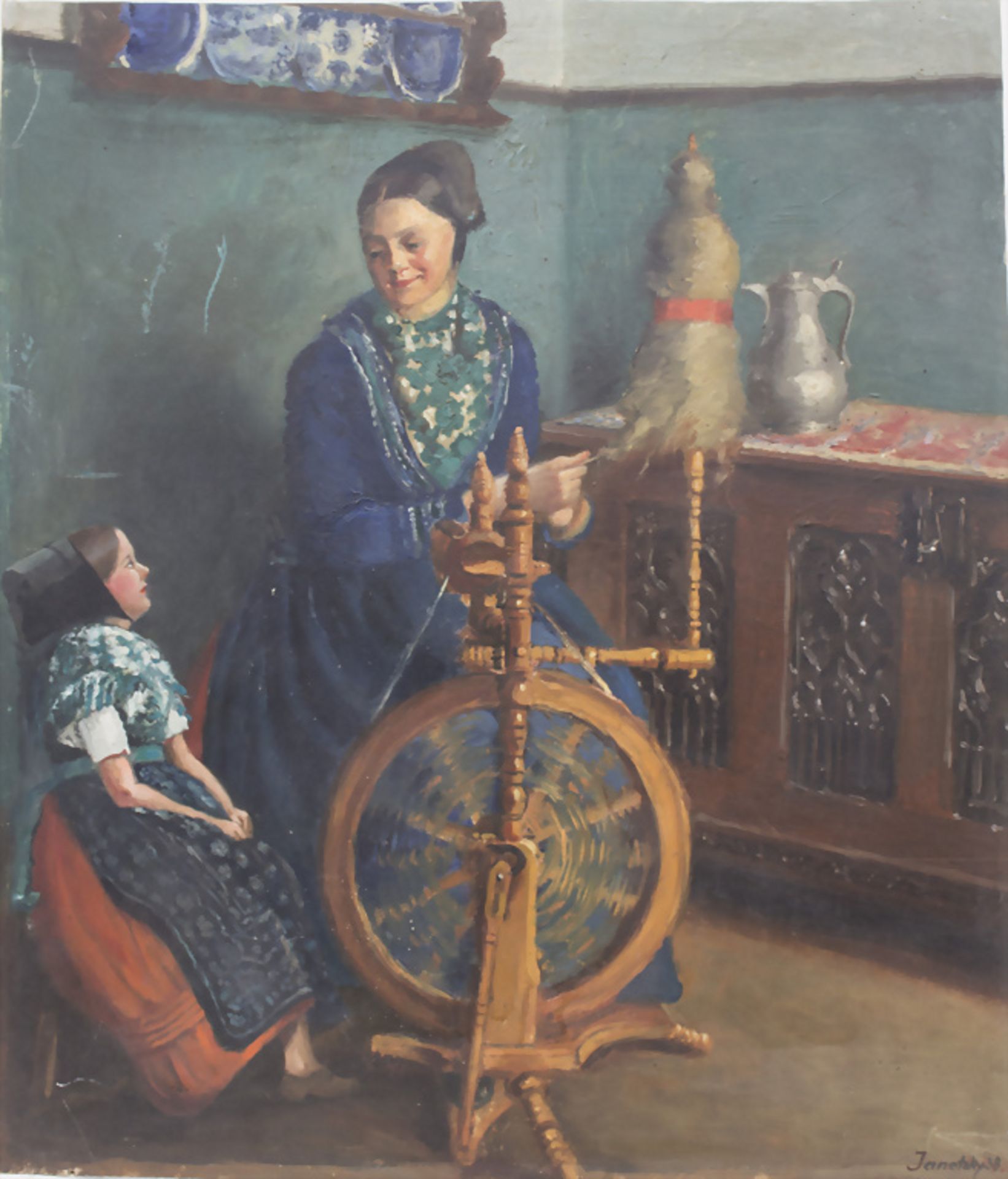 Ernst Janetzky, (1879-1958), 'Friesische Frau mit Kind am Spinnrad' / 'A frisian woman and ...