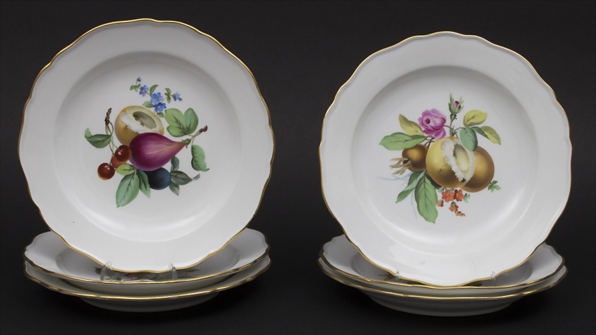 6 Teller mit Früchte- und Blumenmalerei / 6 plates with fruits and flowers, Meissen, um 1860