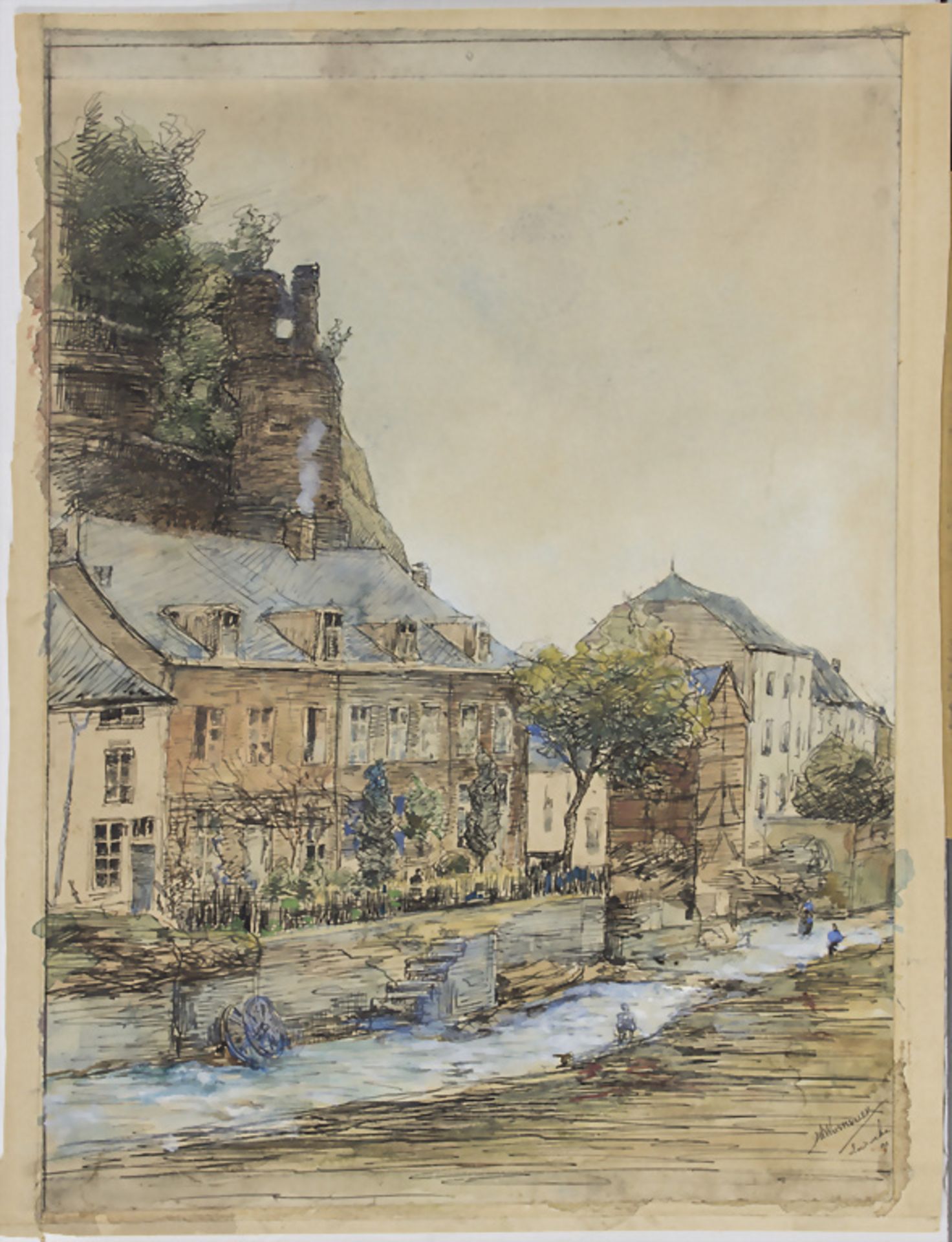 J.H. Wasmuller (19. Jh.), 'Straße mit Bachlauf' / 'A street with stream', 1891