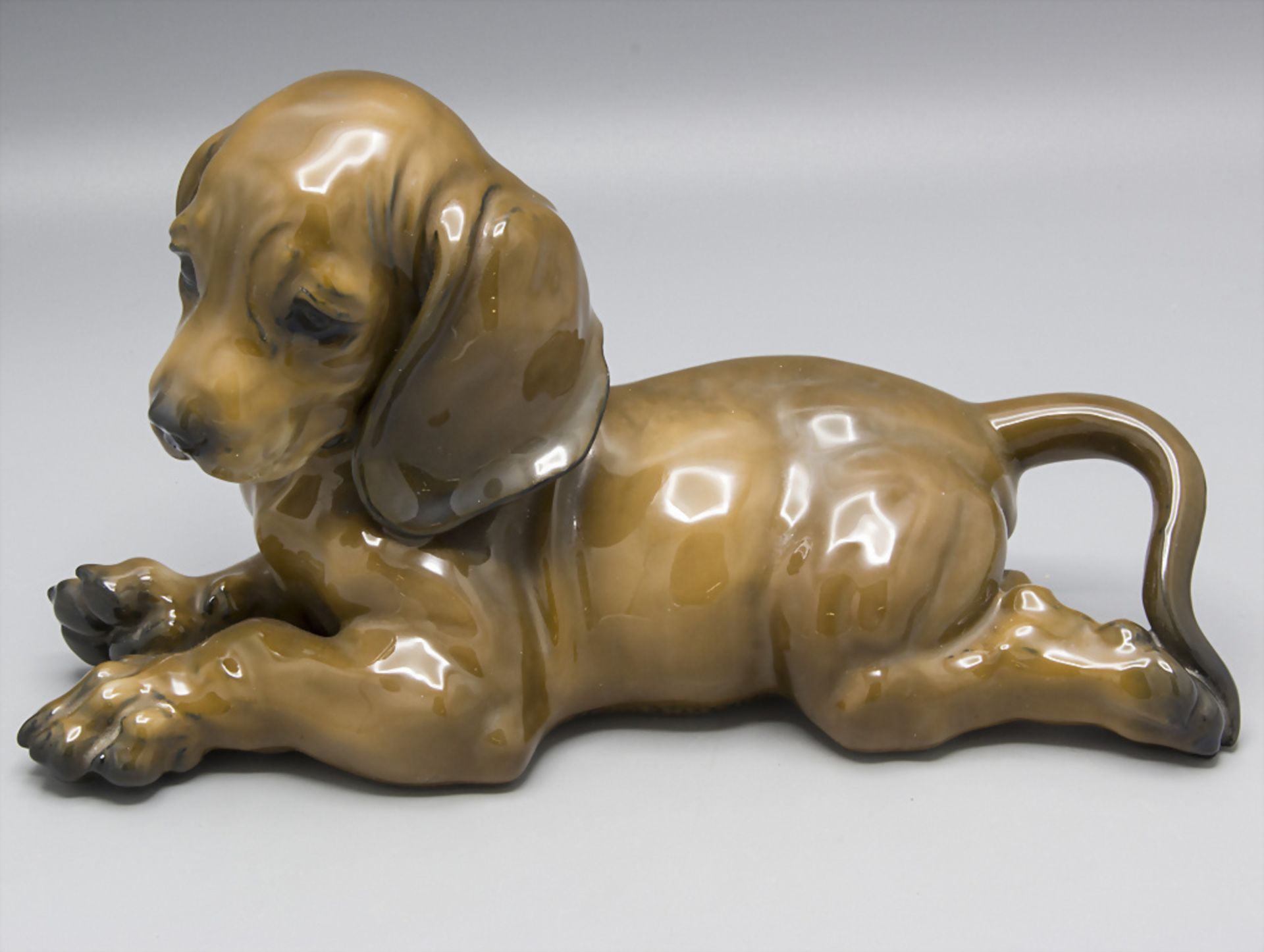 Liegender Dackelwelpe / A lying dachshund puppy, Fritz Heidenreich, Rosenthal, Selb, Mitte 20. Jh.