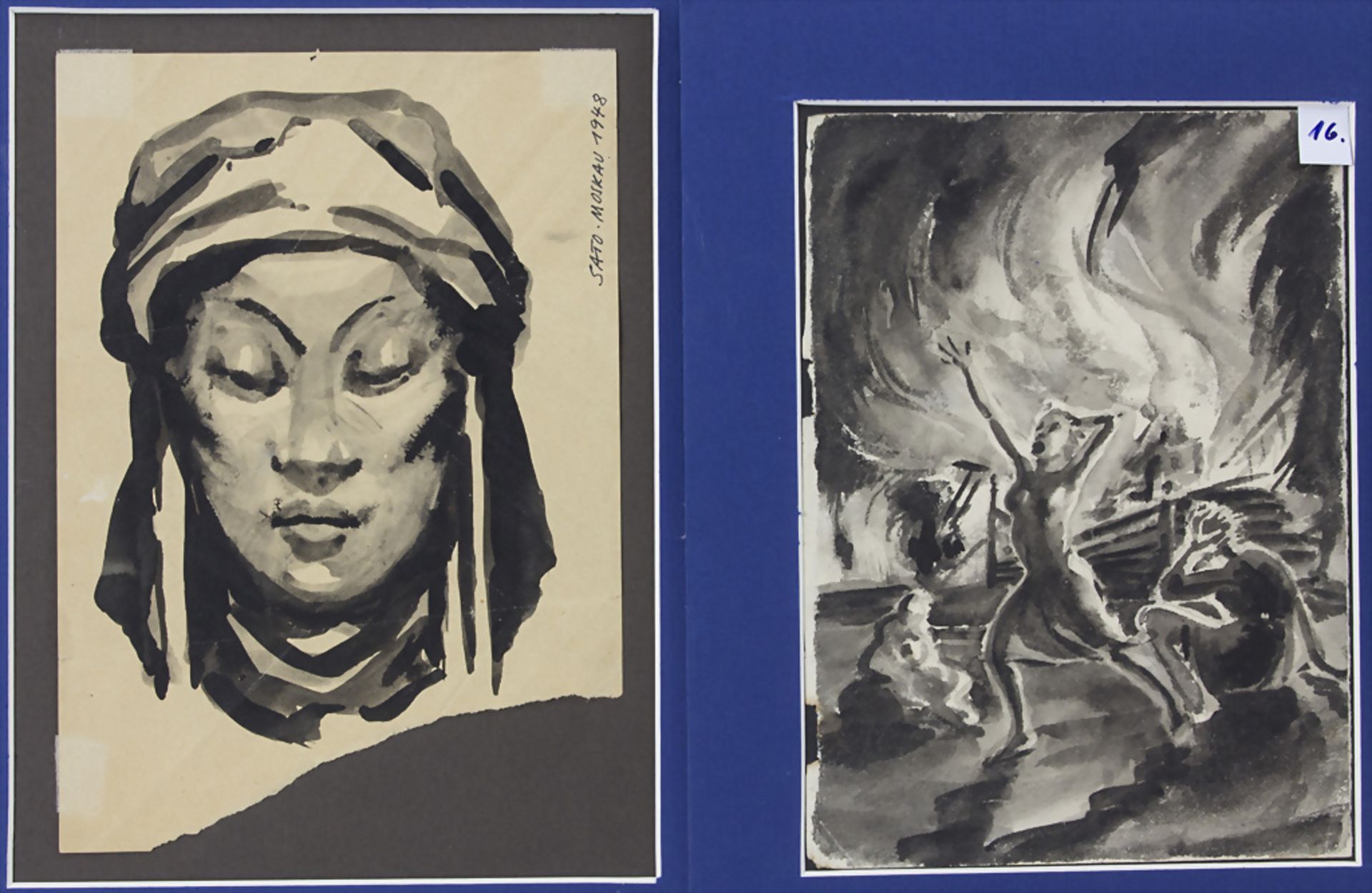 'Hardy Schneider-Sato (1919-2012), Zwei Tuschezeichnungen, 'Frau mit Turban / Inferno', um 1948