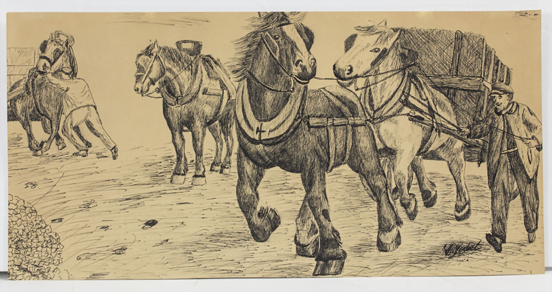 C. Godat, 'Bauern mit ihren Pferdefuhrwerken' / 'Peasants with horse-drawn vehicles', 20. Jh.
