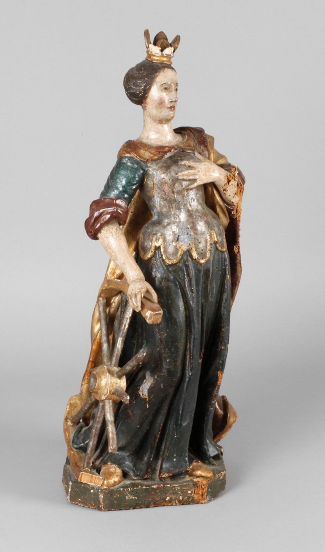 Geschnitzte Heiligenfigur Barock 18. Jh., Holz geschnitzt, kreidegrundiert, mehrfarbig gefasst und