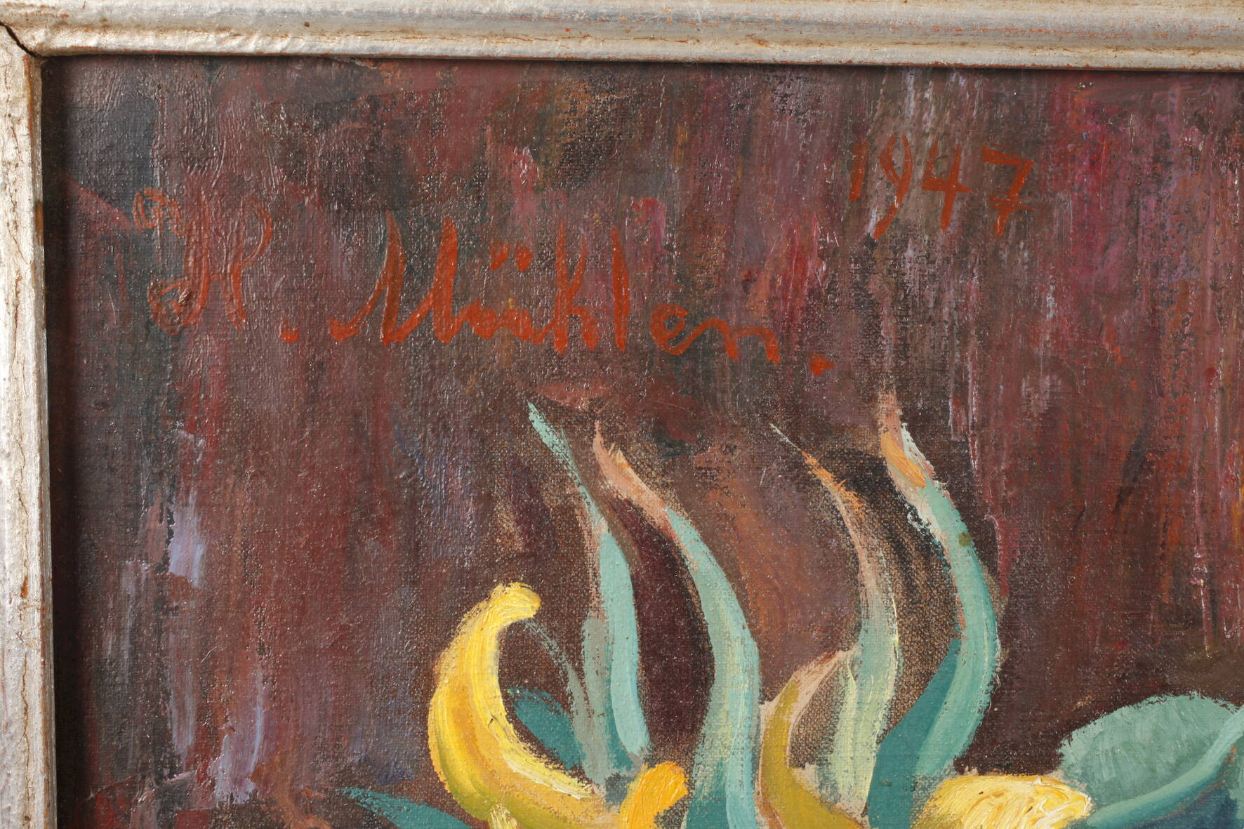 Hermann Mühlen, Sonnenblumenstillleben Glasvase mit drei blühenden Sonnenblumen, arrangiert mit - Image 3 of 4