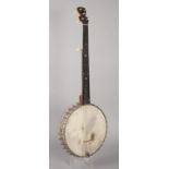 Banjo USA, um 1890, gemarkt Leon E. Clerc, bundloses Banjo, fünfsaitiges Modell mit zusätzlicher