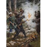 Fritz Bergen, Illustrationszeichnung vier Jäger im Kampf mit einem Bären im Wald, wohl