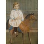 Kind auf Holzpferd Kind mit blondem Haar, freudig auf seinem Holzpferd sitzend, Pastell, Ende 19.