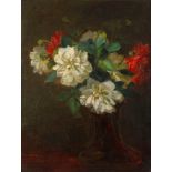 Hans Iten, attr., Dahlienstillleben leuchtende Dahlienblüten in Vase vor dunklem Grund, minimal