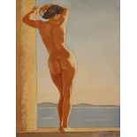 L. Niessl, Damenakt am Meer Rückansicht einer jungen Frau mit erhobenen Armen, aufs weite sonnige