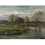 Willem Roelofs, "Die Brekel bei Lochem in Holland" weite sommerliche Flussaue mit Weiden in der
