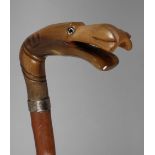 Figürlicher Spazierstock Anfang 20. Jh., abgekantetes Griffstück aus Horn in Form eines Tierhaupts