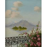 Minni Herzing, Blick auf die Fraueninsel romantische Ansicht eines rosenbewachsenen Balkons, mit