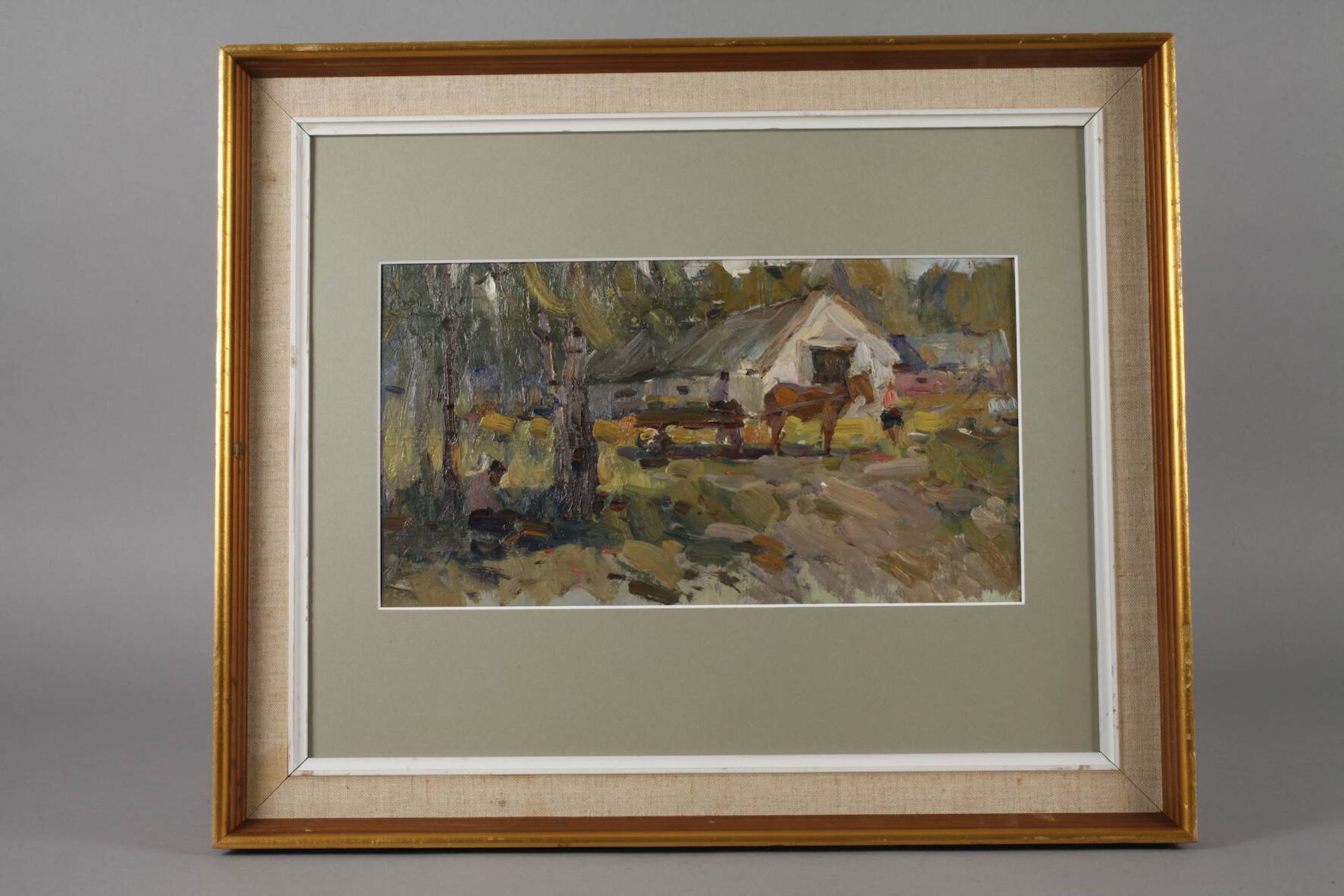 Pferdekarren vorm Dorf lichte ländliche Sommerlandschaft, flott pastos erfasste Malerei mit - Bild 2 aus 3