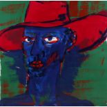 Rainer Fetting, Selbst (blauer Kopf mit rotem Hut) intensiv blauer Kopf mit rotem Hut vor grünem