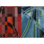 Paar abstrakte Kompositionen Anordnung verschiedenfarbiger Flächen in Rot- und Blautönen, Deckfarben
