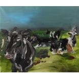 Rainer Fetting,"Kühe" Blick auf eine saftig grüne Weide mit fünf Kühen, vor dramatisch bewölktem