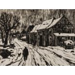 Werner Haselhuhn, "Wintertag" Blick auf eine verschneite Dorfstraße mit Passanten, Linolschnitt,