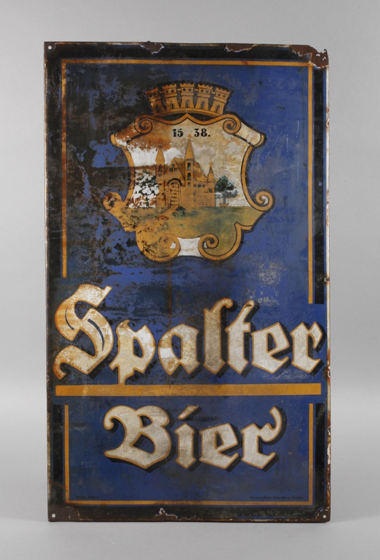 Emailschild Spalter Bier um 1920, Herstellervermerk Pyro-Email sowie Boos & Hahn Ortenberg Baden,