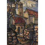 Expressionistische Dorfansicht mediterrane Kirche hinter Bruchsteinmauer im hellen Sonnenlicht,