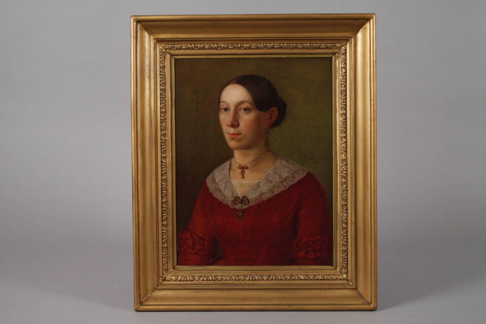 F. Lay, Paar Biedermeierportraits Bildnis einer Dame im roten Kleid mit Spitzenkragen sowie - Bild 6 aus 9