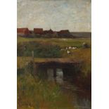 Karl Schickhardt, Am Kanal vor dem Dorf hinter einer kleinen Holzbrücke eine Bäuerin im Feld sitzend