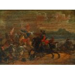 Im Gefecht gegeneinander zu Pferd kämpfende Soldaten während der Türkenkriege, in hügeliger