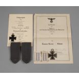 Nachlass 2. Weltkrieg Urkunde über das Eiserne Kreuz 1939 2. Klasse, einem Leutnant in der 3.