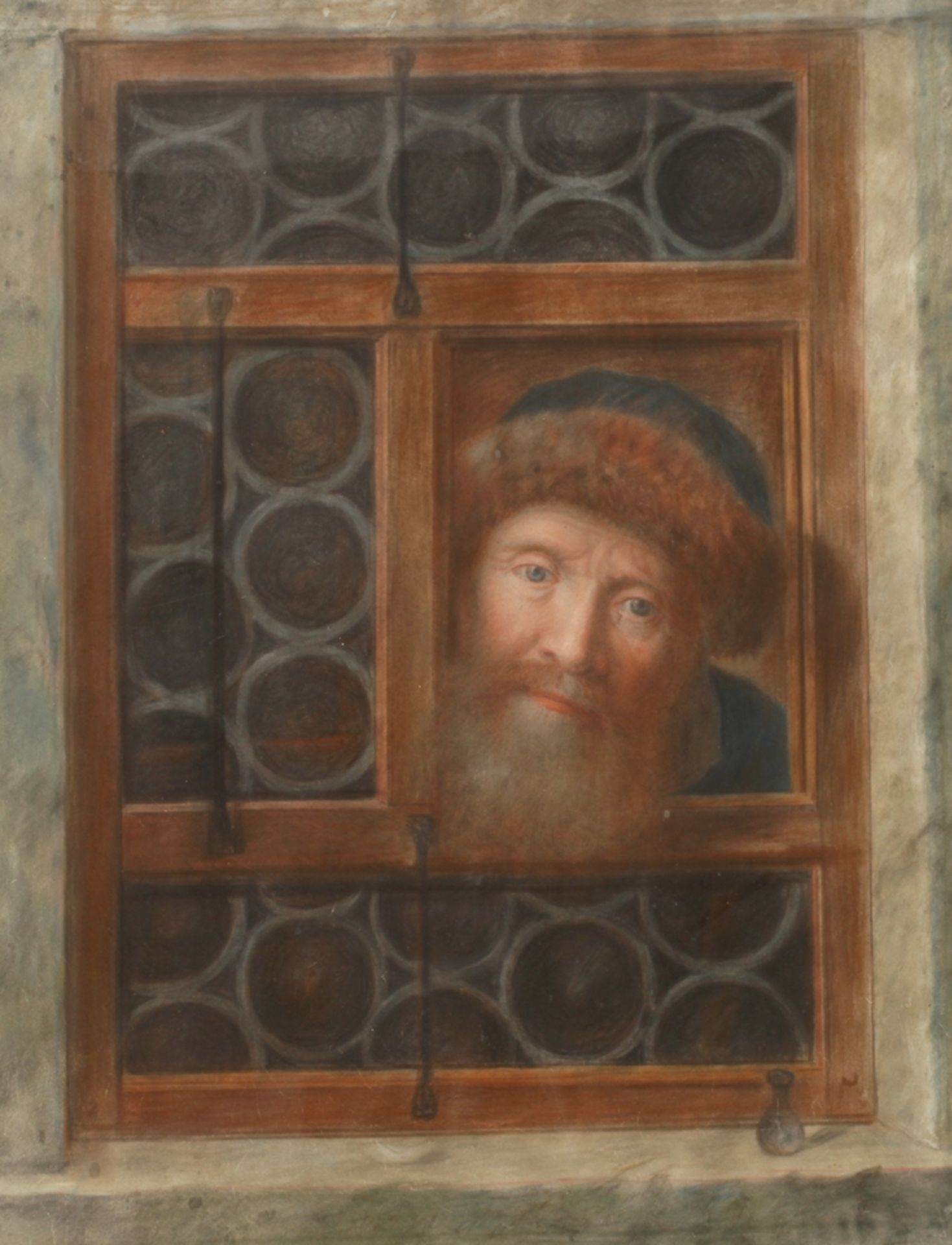 Mann am Fenster bärtiger Mann, durch ein geöffnetes Fenster mit Putzschscheiben den Betrachter