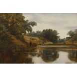 L. Y. Smith, Am Weiher Blick über einen kleinen, von Bäumen und Büschen umgebenen See, mit angelndem