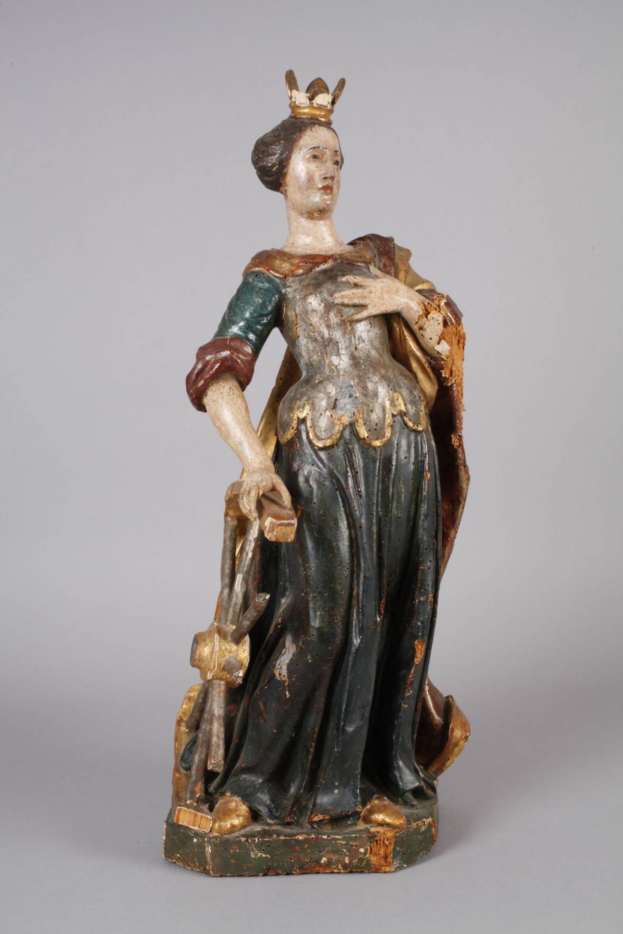 Geschnitzte Heiligenfigur Barock 18. Jh., Holz geschnitzt, kreidegrundiert, mehrfarbig gefasst und - Bild 2 aus 8