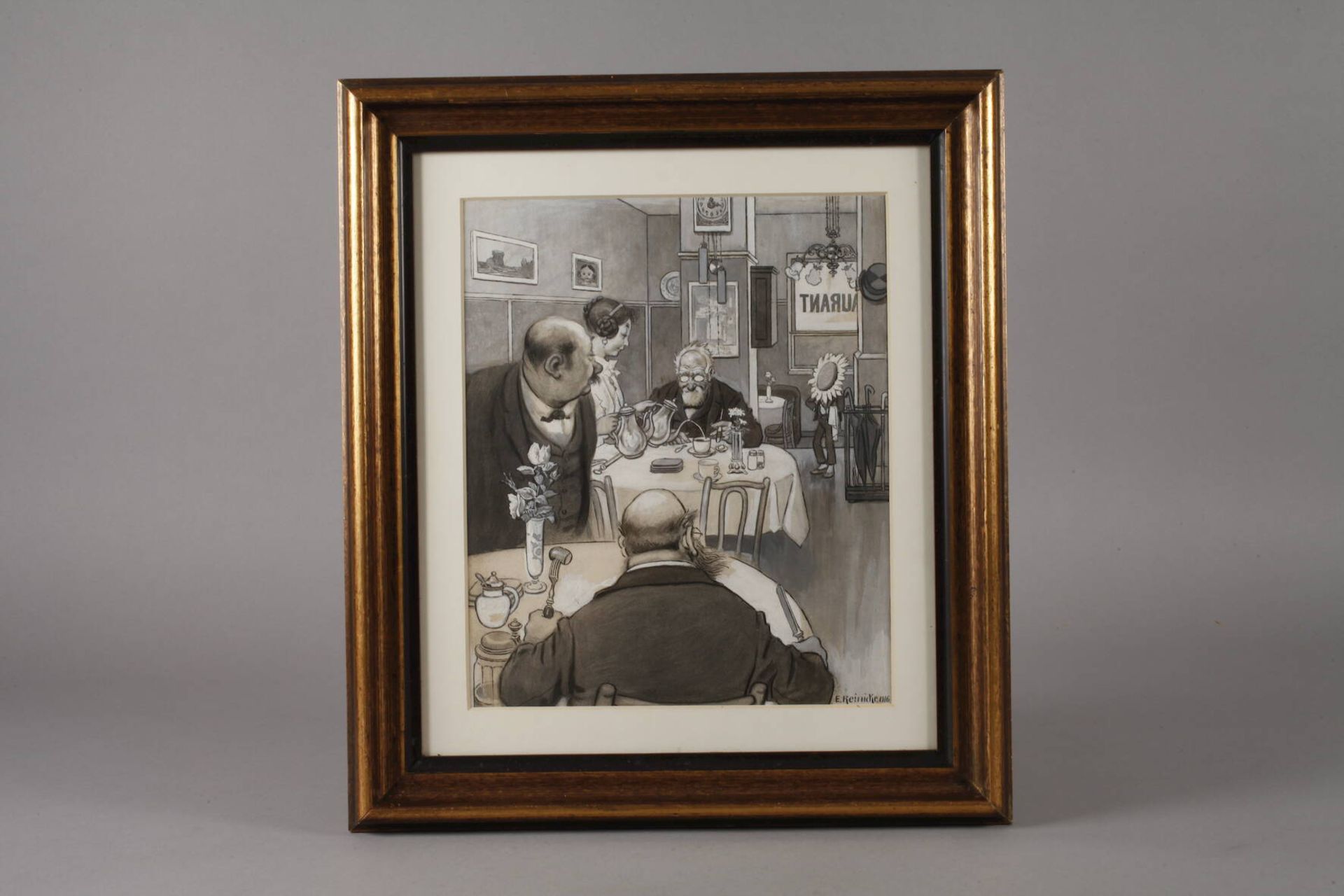 Emil Reinicke, Kneipenszene älterer Herr beim Speisen in einem Restaurant, umsorgt von einer - Bild 2 aus 3