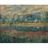 Alfred Zwiebel, attr., "An der Regnitz" blühende Bäume in frühlingshafter Landschaft, zu Füßen einer