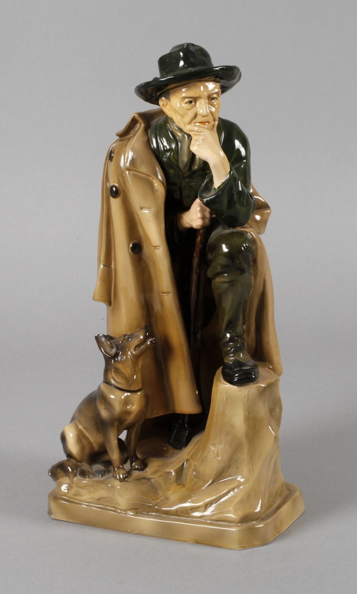 Keramikfigur Hirte mit Hund um 1930, ungemarkt, Modellnr. 4935, Verkaufsetikett Sticher Wuppertal,