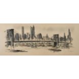 John Haymson, Skyline von New York Ansicht des East River mit der Brooklyn Bridge vor der Silhouette