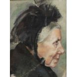 Frauenbildnis Portrait einer betagten Frau mit schwarzer Haube im Profil, leicht pastose