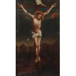 Gekreuzigter Jesus Jesus am Kreuz, vor der nächtlichen Stadtsilhouette von Golgatha, minimal pastose