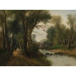C. Dulac, Bauersfrau und Kühe am Flussufer sommerliche Landschaft mit Weg unter hohen Bäumen am