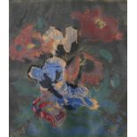 Johanna Metzner, "Bunter Mohn" Arrangement aus verschiedenfarbigen Mohnblüten vor dunklem Grund,