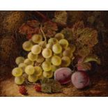 Oliver Clare, Früchtestillleben Komposition aus Weintrauben, Pflaumen und Himbeeren, mit spitzem