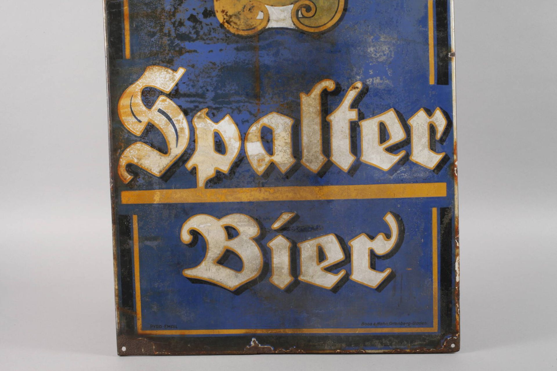 Emailschild Spalter Bier um 1920, Herstellervermerk Pyro-Email sowie Boos & Hahn Ortenberg Baden, - Bild 3 aus 4