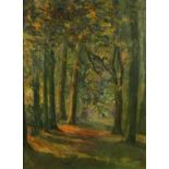 E. v. d. Hagen, Waldstück Blick entlang eines Weges in einem dichten Wald, pastose Malerei, Öl auf