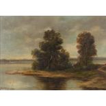 Sommer am See Blick auf einen See in flacher bewaldeter Landschaft, minimal pastose