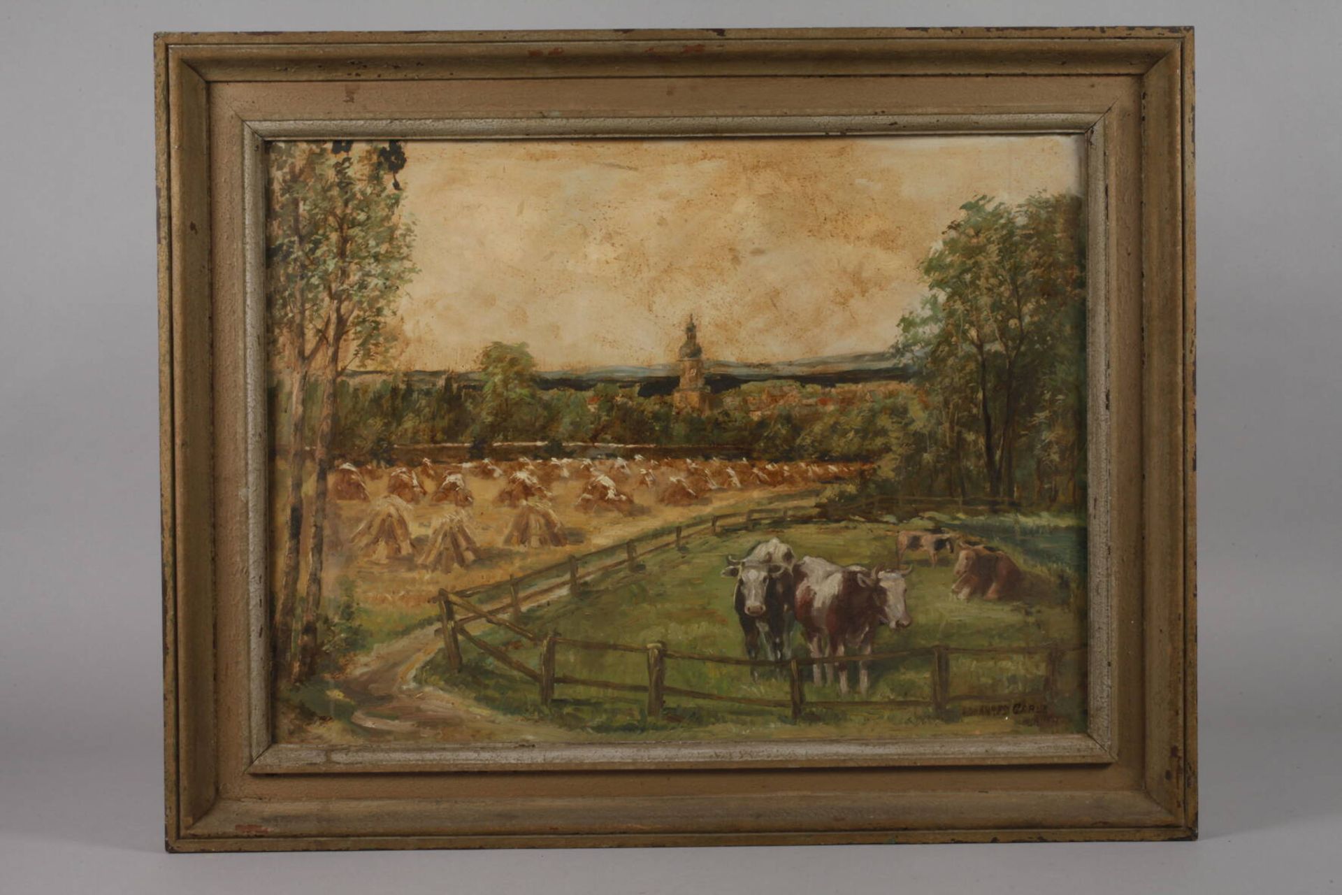 Johannes Carlé, Vogtländische Erntelandschaft sommerlicher Blick über Weide mit Rindern, - Image 2 of 3