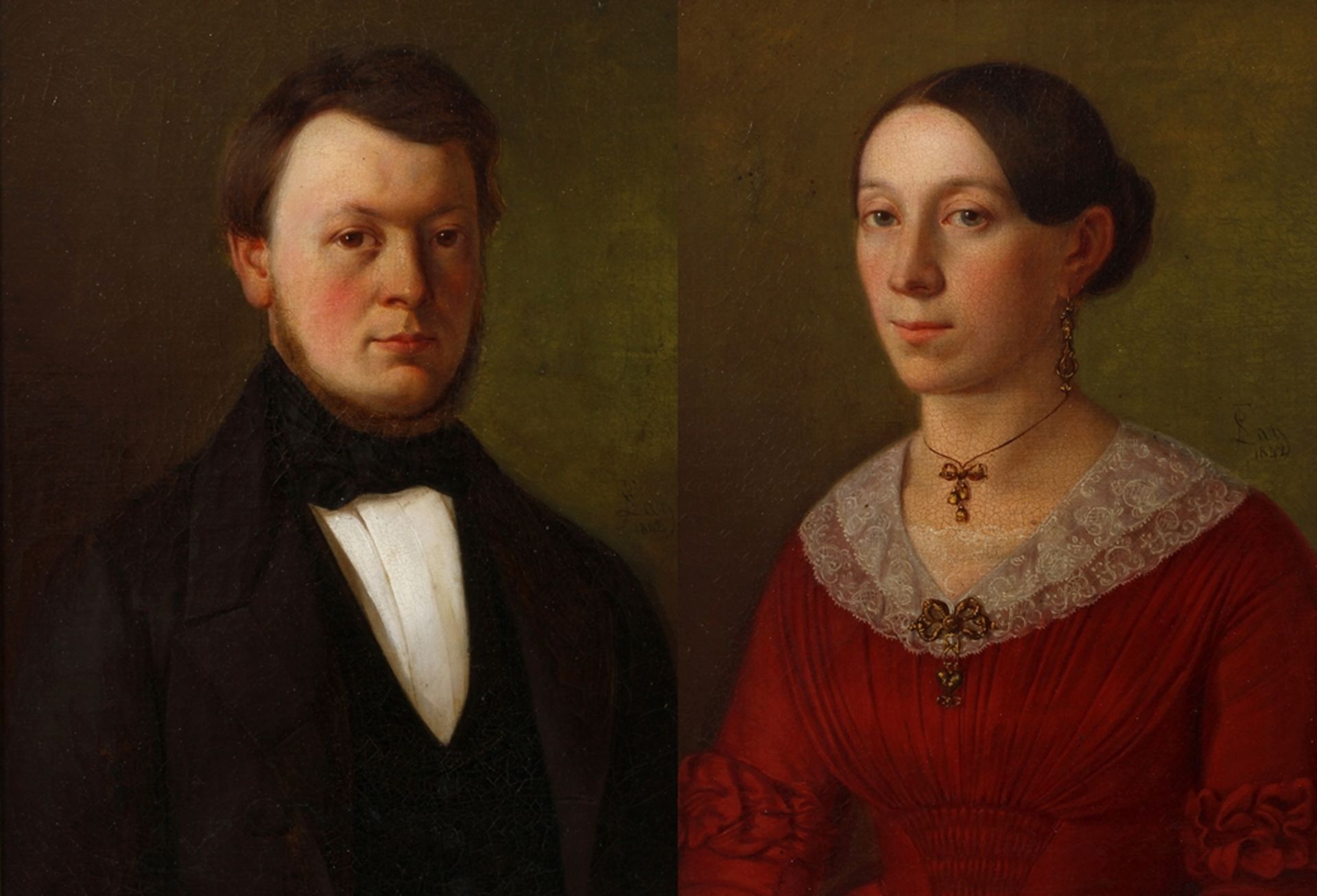 F. Lay, Paar Biedermeierportraits Bildnis einer Dame im roten Kleid mit Spitzenkragen sowie